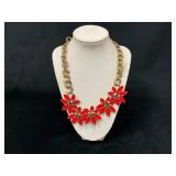 Gold-Tone Chain Necklace with Red Flower Accents a