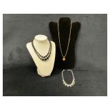 Three Necklaces Including Black Beaded, Gold-Tone