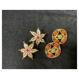 Gold Tone Floral and Circular Earrings with Pink,