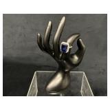 Silver Ring with Rectangular Blue Stone and Pave H
