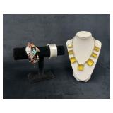 Jewelry Featuring Yellow Glass Necklace, Metal Cuf