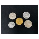 Five Commemorative Coins Featuring Historical and
