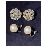 Two Pairs of Screw-Back Pearl and Rhinestone Clip-