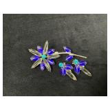 Floral Brooch and Earring Set with Blue and Clear
