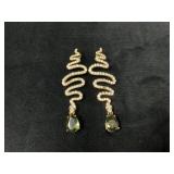 Gold-Tone Spiral Drop Earrings with Green Stone Pe