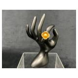 Gold-Tone Flower-Themed Ring with Amber-Colored Ce