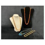 Four Necklaces Featuring Amber, Wooden, Turquoise,