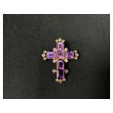Gold-Tone Cross Brooch with Amethyst and Citrine-C