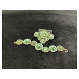 Floral Green Enamel Jewelry Set with Brooch and Br