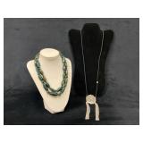 Multi-Strand Green Beaded Necklace and Silver-Plat
