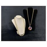Two Necklaces: Gold-Tone Faux Pearl Strand & Multi