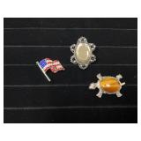 Three Costume Jewelry Pins: American Flag, Cameo,