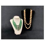 Two Multi-Strand Beaded Necklaces in Green and Amb