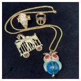Animal Jewelry Lot: Owl Necklace, Elephant &