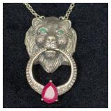 Sterling Silver Lion Head Necklace with Gem