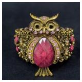 Ornate Owl Cuff Bracelet with Pink Stones