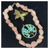 Rose Quartz Necklace, Turquoise Pendant, and