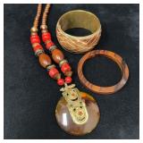 Beaded Necklace with Pendant and Two Bangles