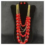 Vintage Red Bead Necklace and Earrings Set