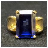 Gold Ring with Simulated Sapphire, Size 7