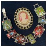 Cameo Brooch and Enamel Link Bracelet