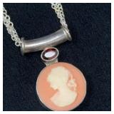 Sterling Silver Necklace with Cameo and Garn