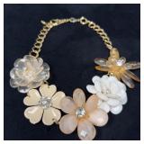 Floral Statement Necklace with Gold Tone