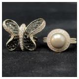 Two Sterling Silver Rings: Butterfly and Pear