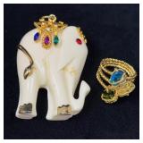 Enamel Elephant Brooch and Gold Tone Ring