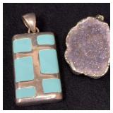 Two Silver Tone Pendants: Druzy and Enamel