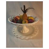 White Milk Glass Pedestal Bowl  Faux fruits