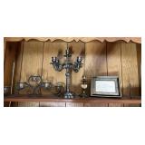 Metal Candleholders and Framed Note