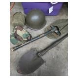 Military Gear Lot: Helmet, Shovels, Canteen