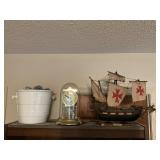 Ship Model, Elgin Clock, White Ceramic Pot