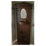 Wooden Hall Tree with Mirror and Hooks