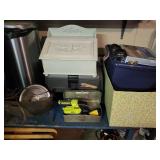Blue Wood Desk With Contents on Surface