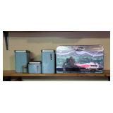 Blue Metal Canister and Bread Box Set