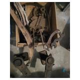 Wood Box of Metal Jacks and Farm Tools