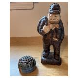 Carved Wood Figure and Glazed Pottery Frog