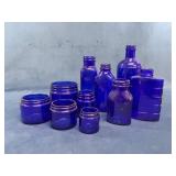 10 Blue Glass Bottles and Jars