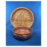 Carved Wooden Bowl and Decorative Plate Set