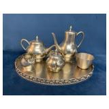 Five-Piece Pewter Tea Set with Tray