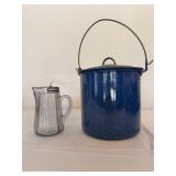 Blue Enamel Pail and Glass Syrup Pitcher