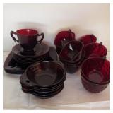 Red Glass Dishes, Tea Cups, and Bowls