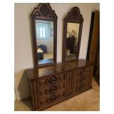 Ornate Wood Dresser with Dual Mirrors