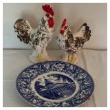 Majolica Chicken Pair & South Carolina Plate