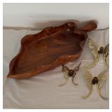 Wood Leaf Tray and Brass Butterfly Wall Hang