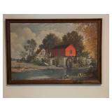 Framed Landscape Mill Oil Painting, 38.5 x 26
