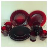 Red Glass Teacups, Saucers, and Plates Set