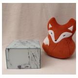 Plush Fox Toy and Marble-Look Glass Box